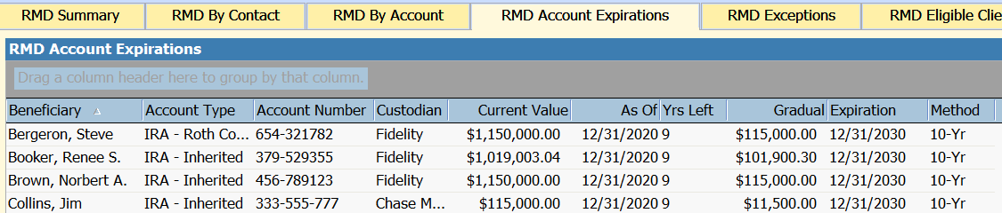 RMD Account Expirations screen to help track the number of years left